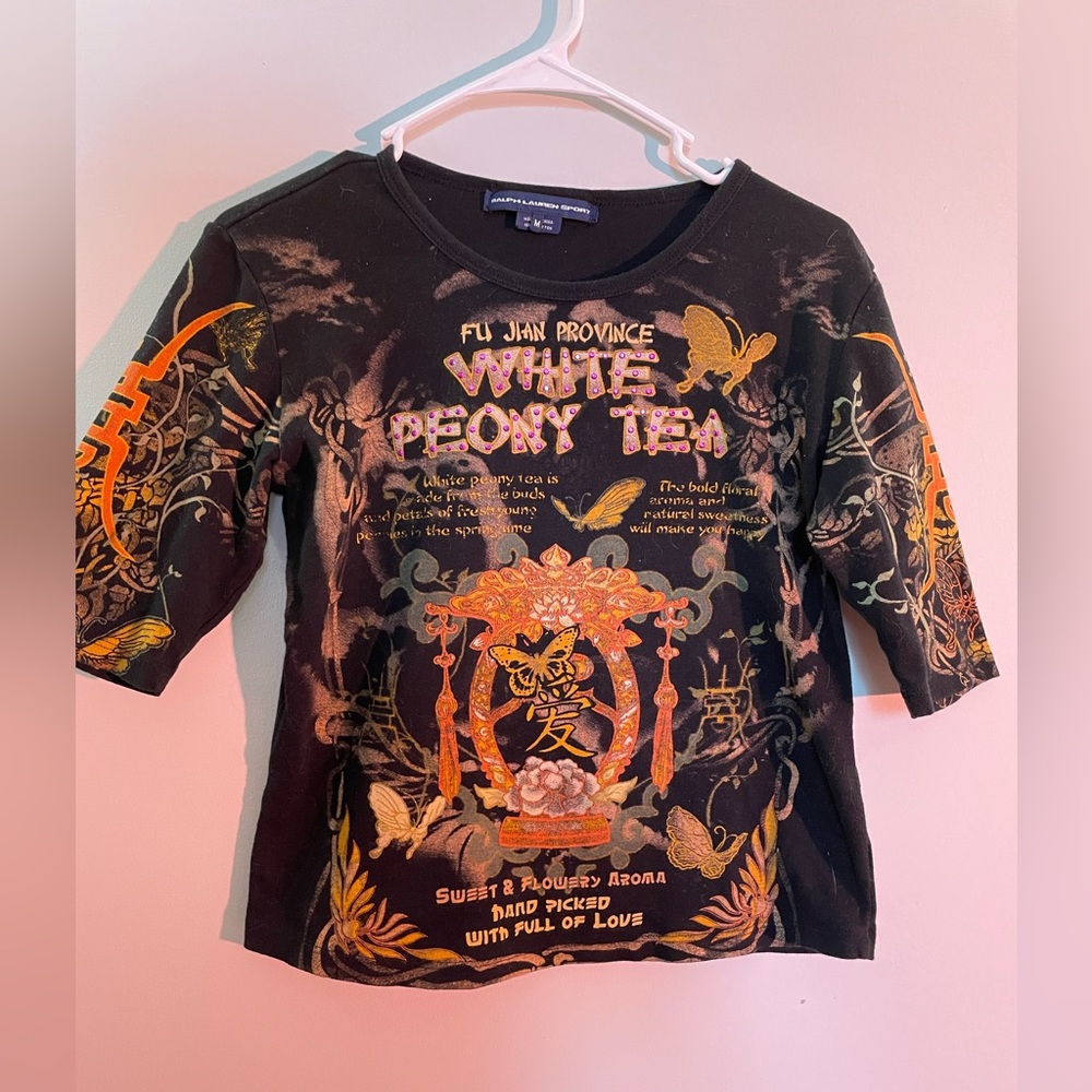 RALPH LAUREN WHITE PEONY BEDAZZLED VINTAGE RETRO GRPHIC BLACK CUTE WOMENS 🍀